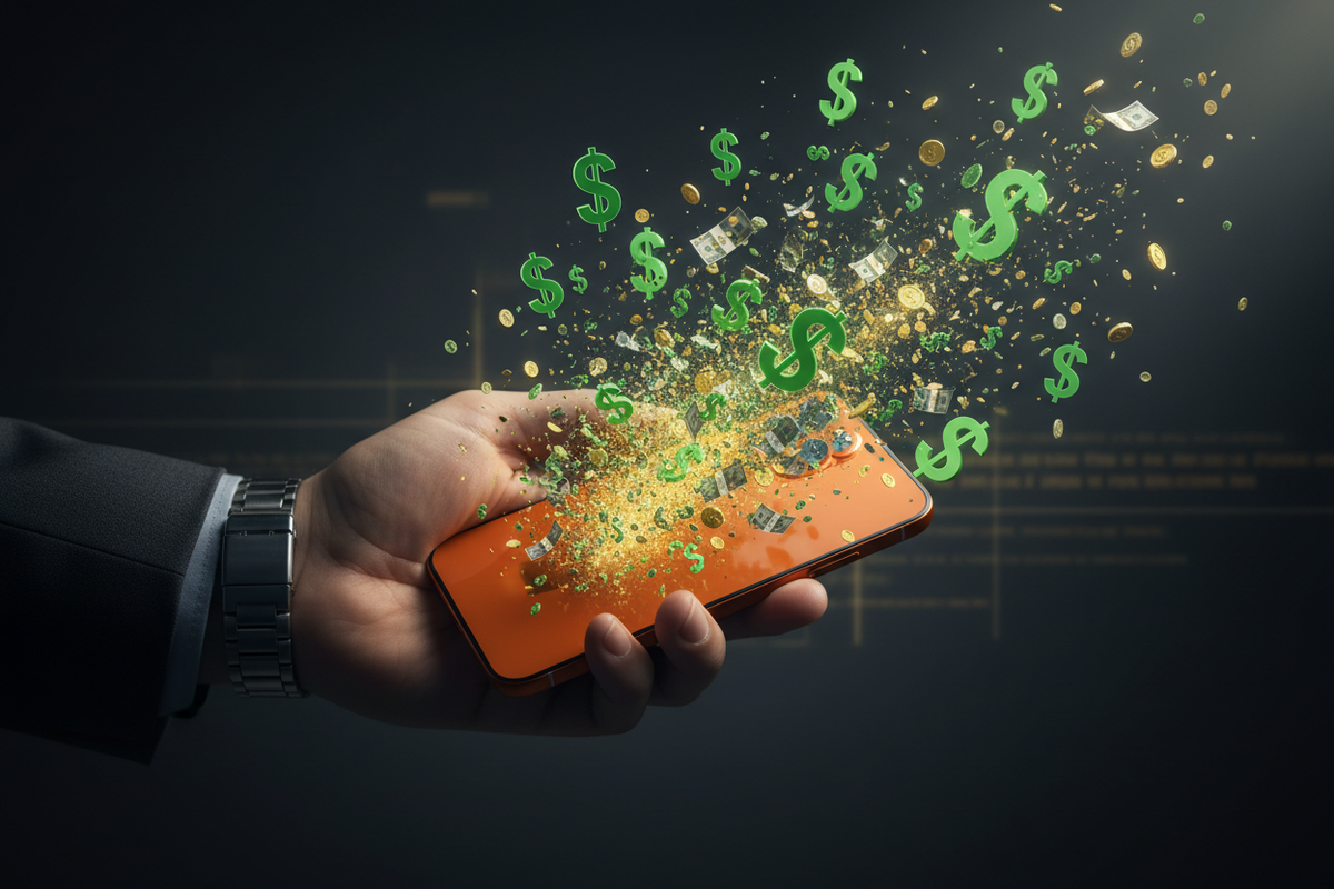 someone holding a new iphone 17 orange and it exploding with dollarsigns